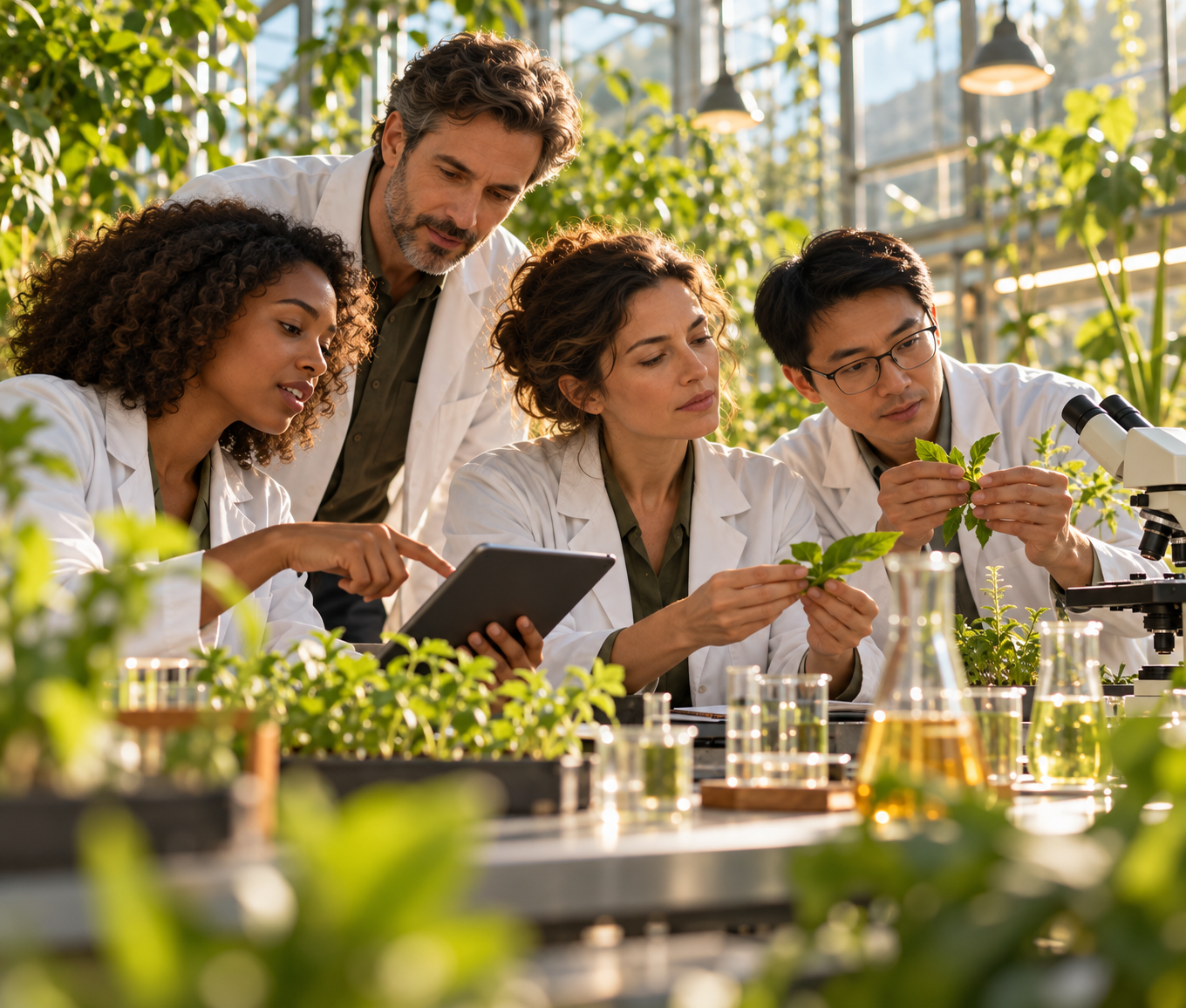 Team of researchers working together in a greenhouse laboratory