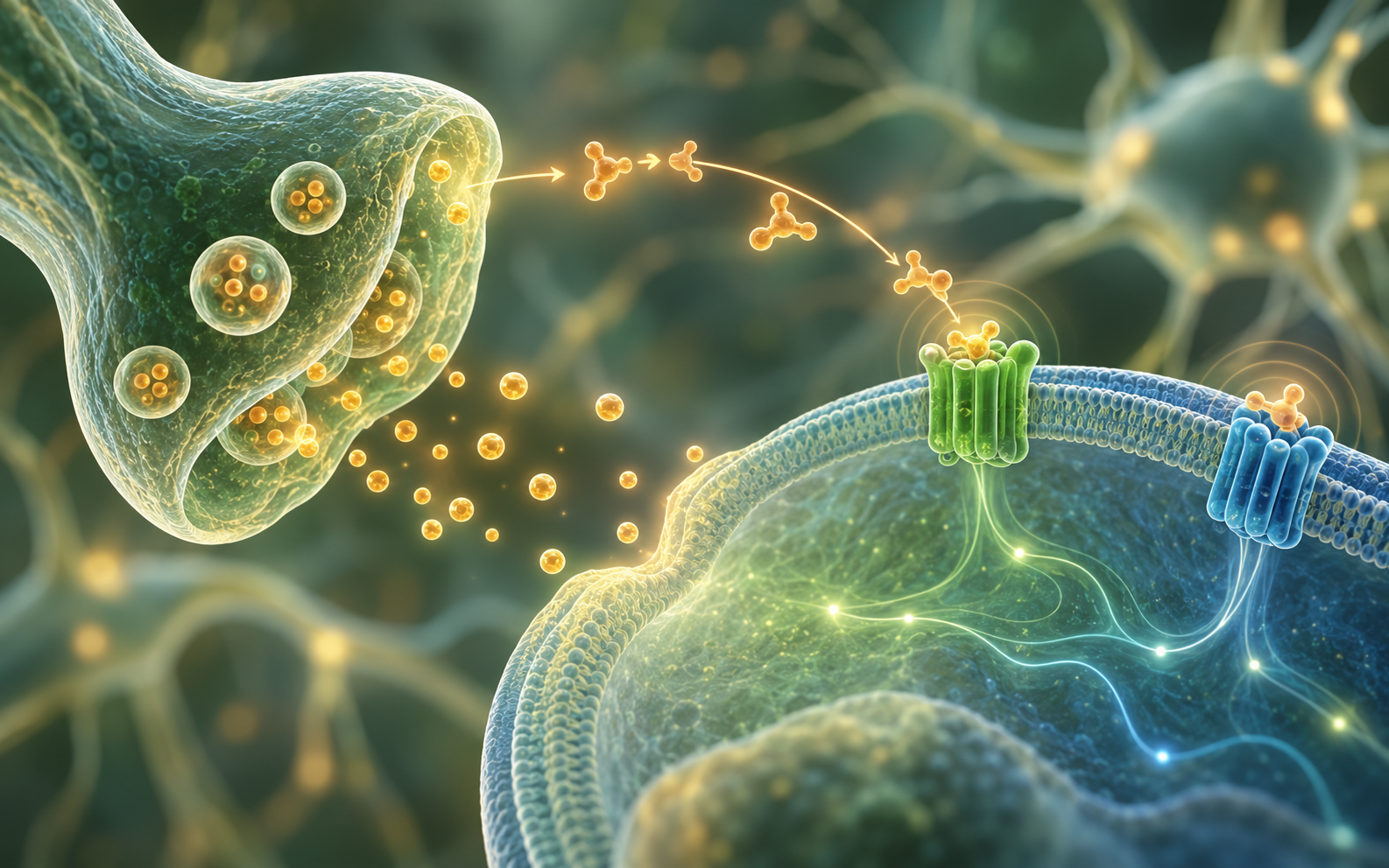 Illustration of endocannabinoids binding to CB1 and CB2 receptors at a nerve synapse