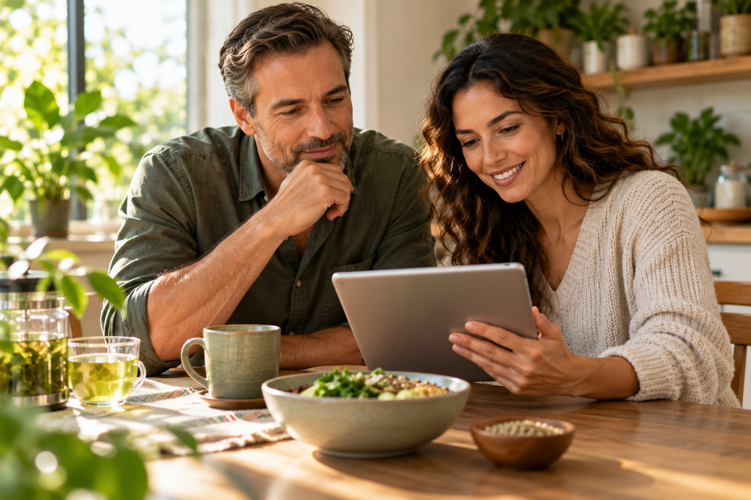 Two adults reading about plant based wellness at home