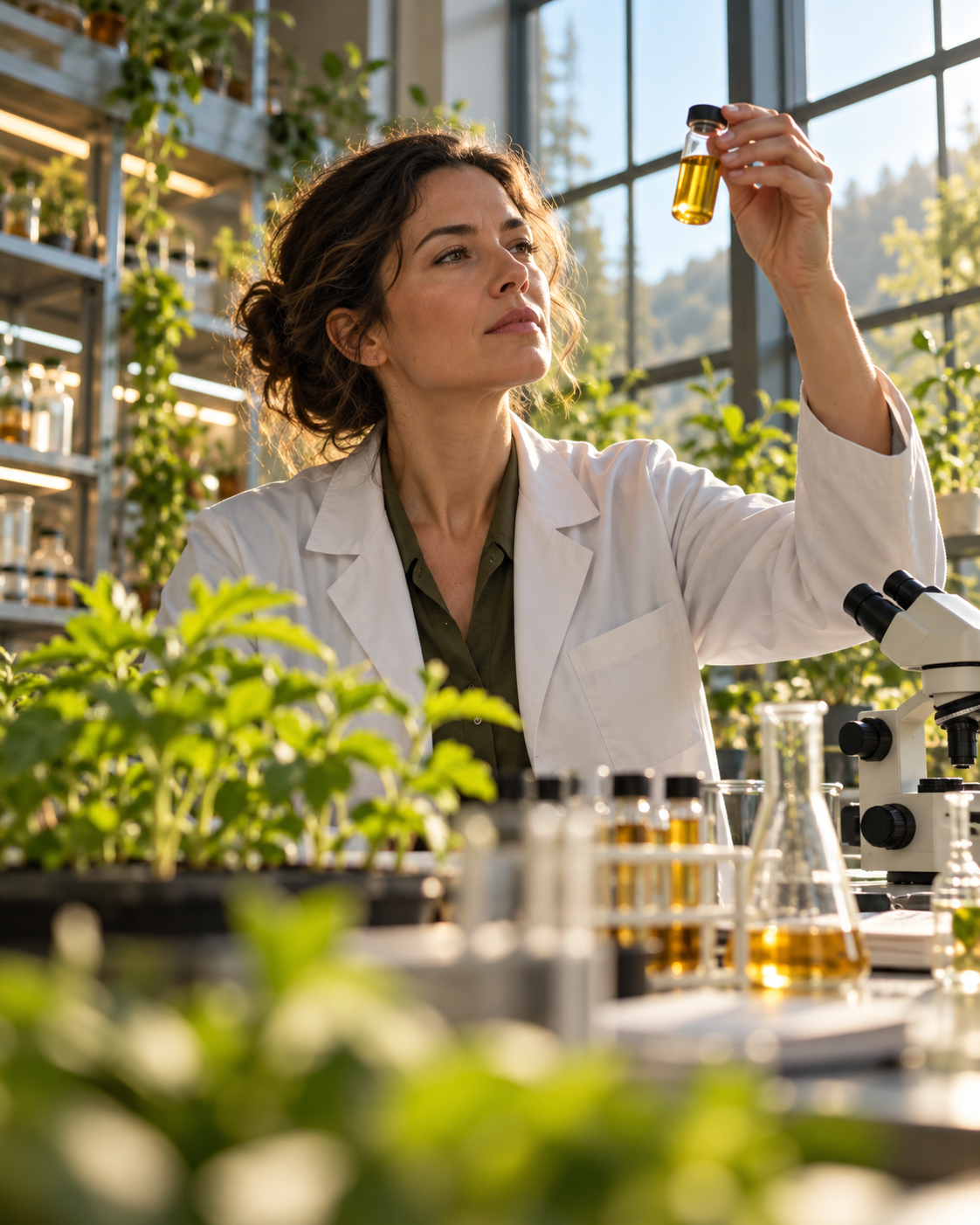 Scientist studying a plant extract sample in the Global Cannabinoid Research Center laboratory