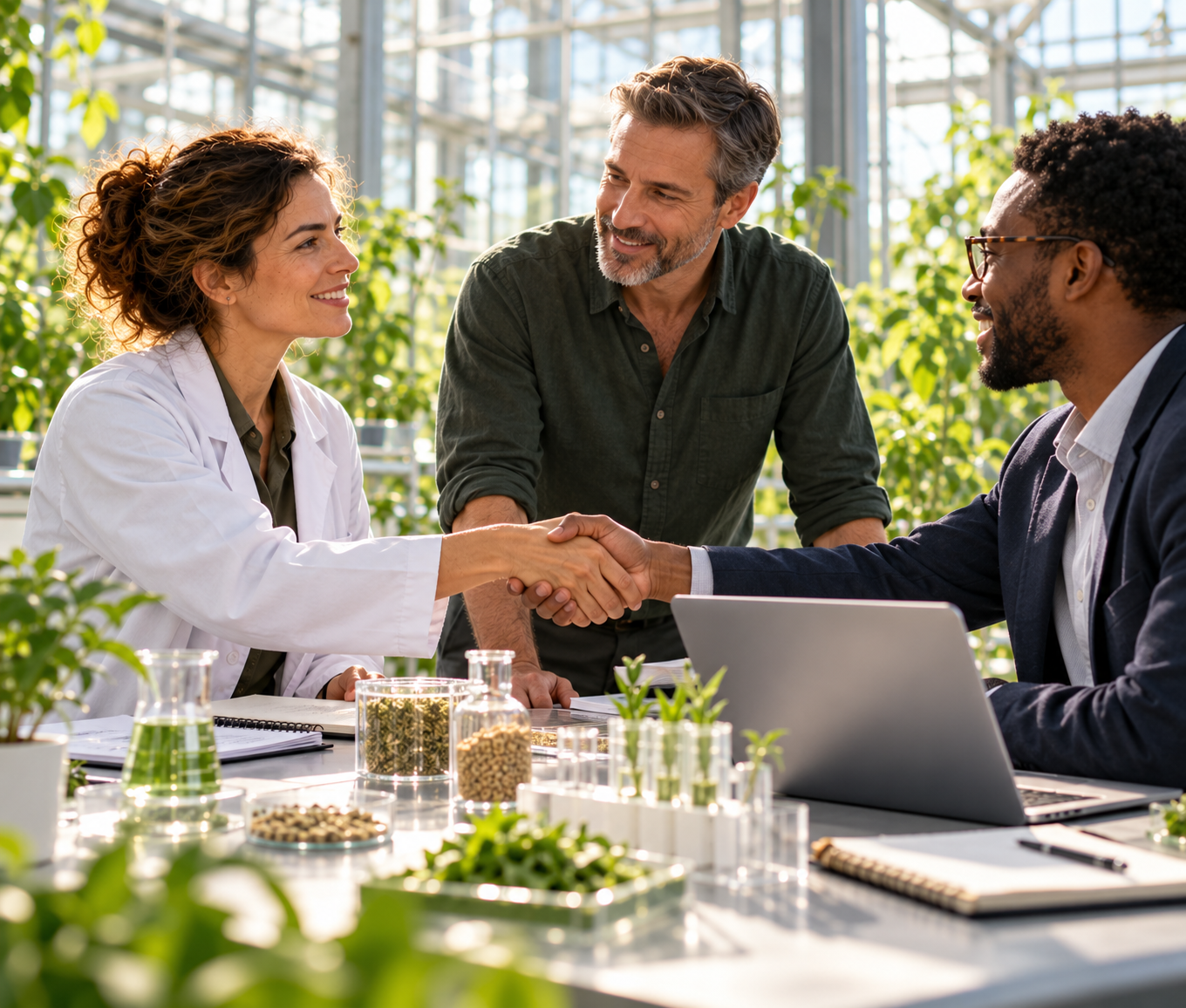 Partners in conversation around a table in a greenhouse research facility