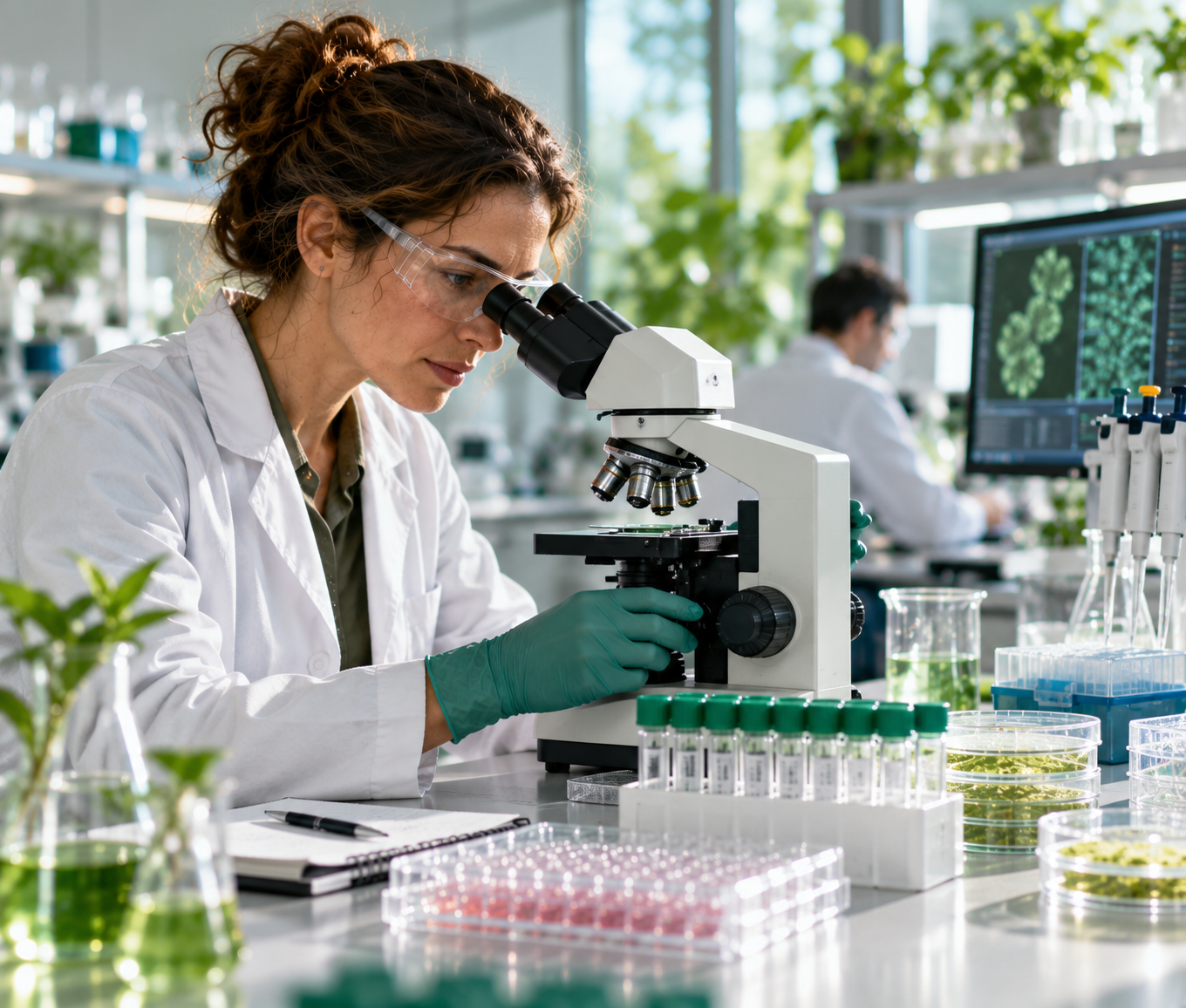 Scientist at a microscope in a preclinical research laboratory