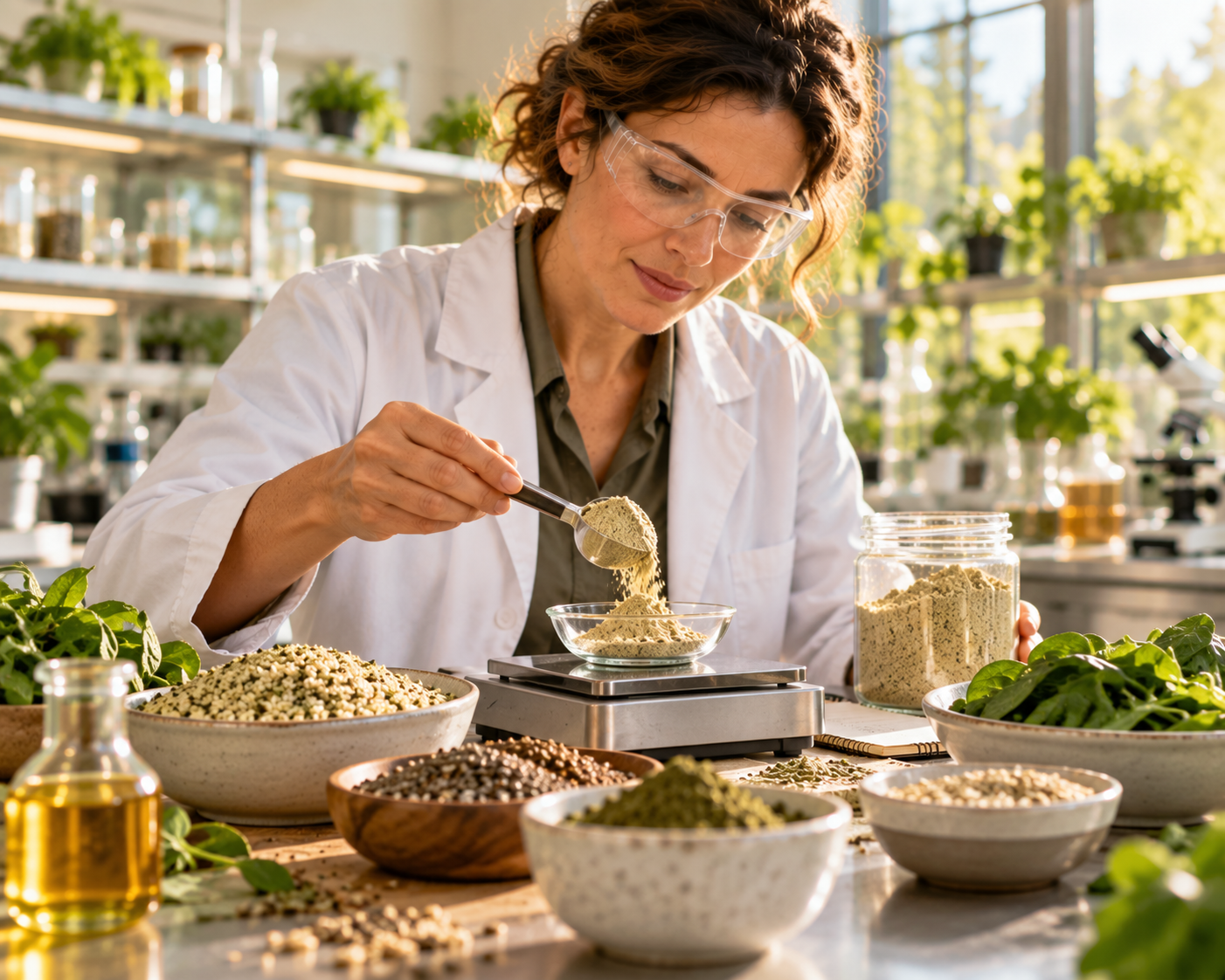 Food scientist weighing hemp seed protein in a test kitchen laboratory