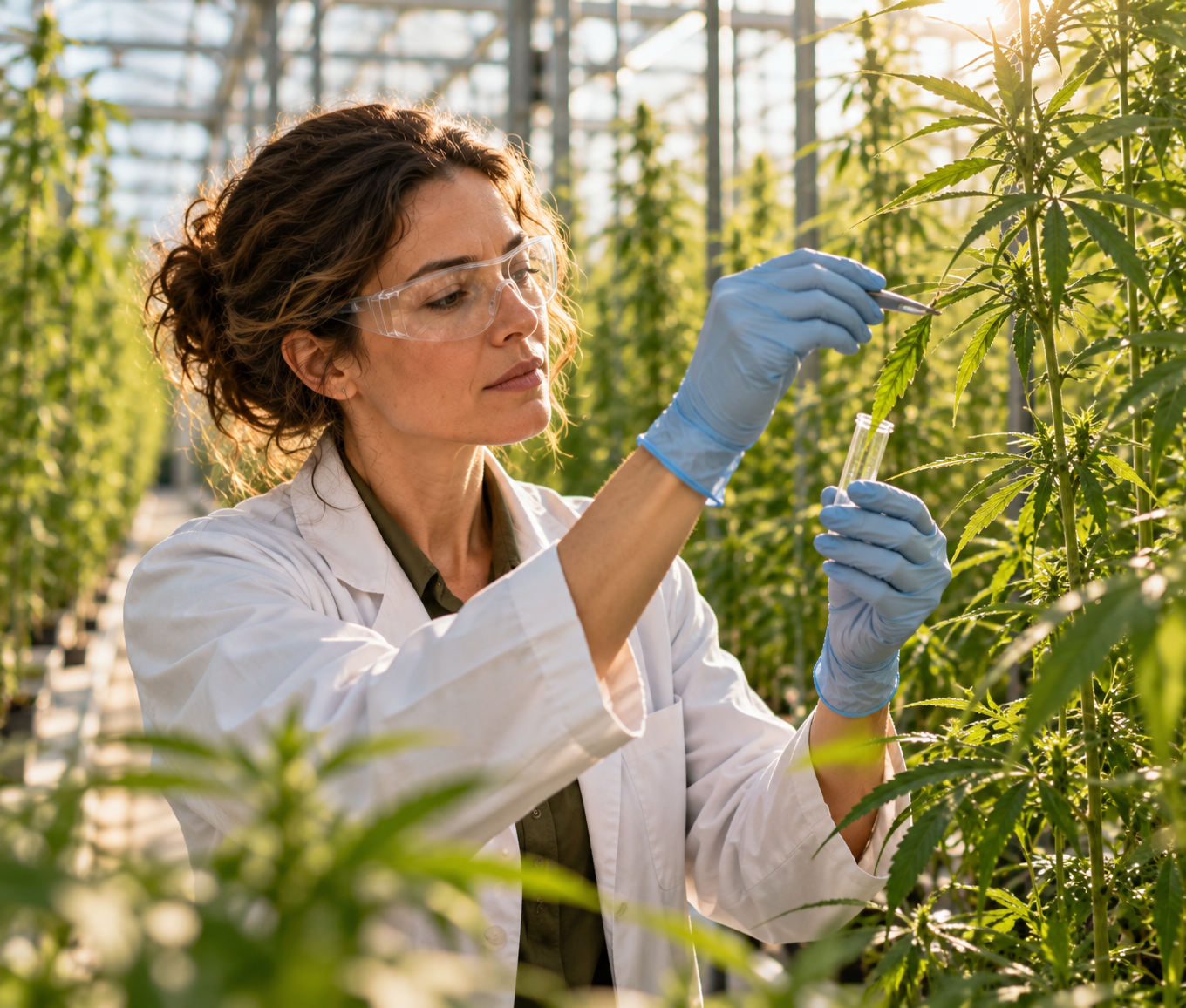 Researcher taking a leaf sample from a tall hemp plant in a greenhouse