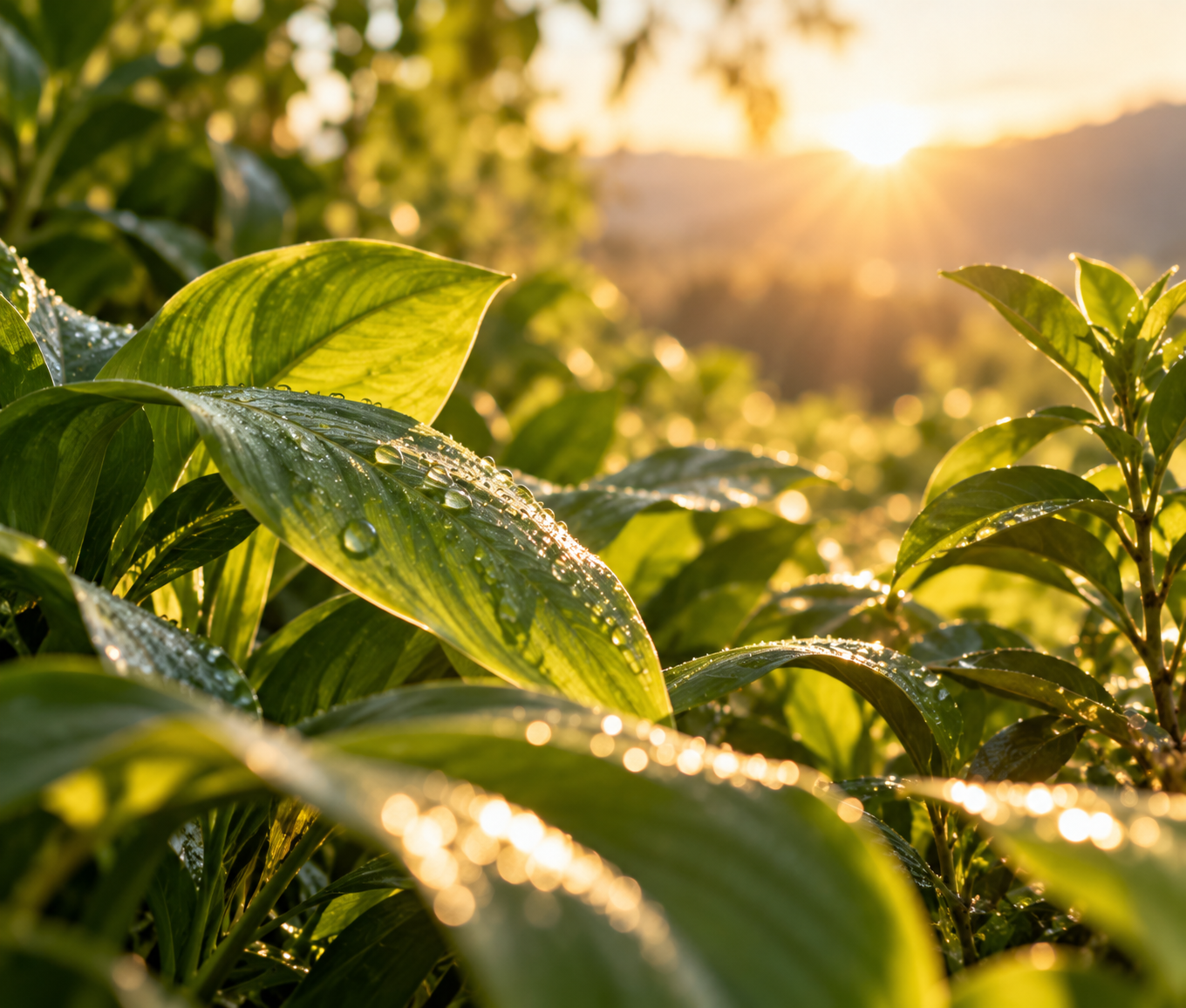 Green botanical leaves in warm sunlight